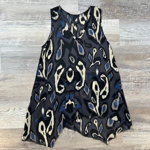 rag & bone Silk Tank Black Ikat Print Asymmetrical Hem Made in USA - Picture 1 of 8